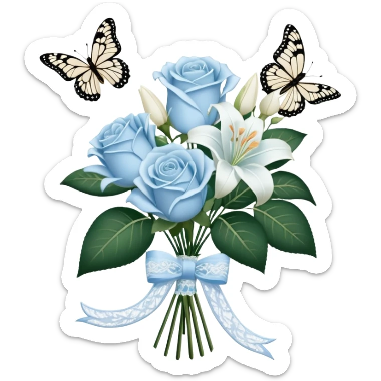 A classic bouquet of pale blue roses, delicate white lilies, and trailing jasmine, tied together with an embroidered ivory ribbon. A butterfly with lace-like wings hovers nearby, casting a soft, intricate shadow over the bouquet. sticker