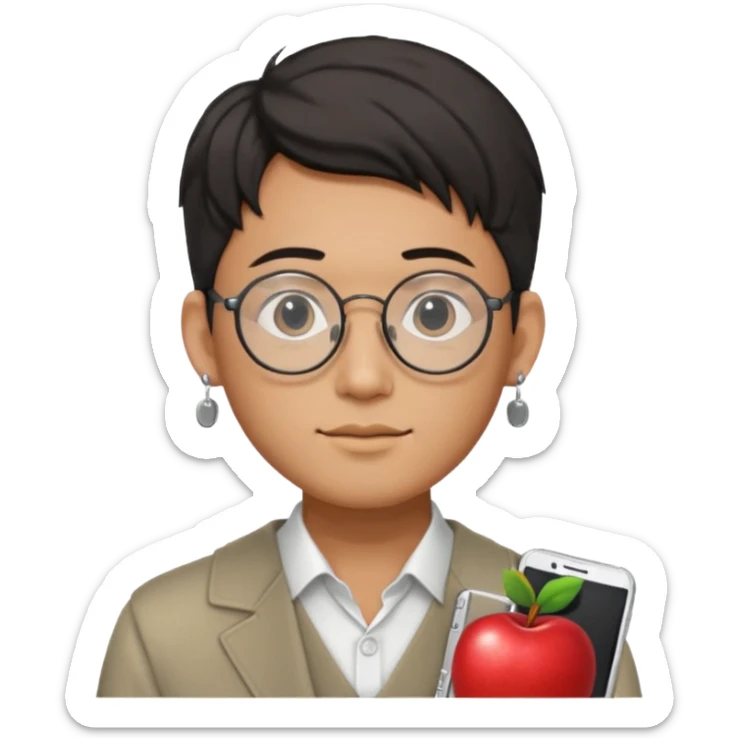 korean male guy 20s wearing an apple notebook, wearing radio earrings, round glasses, achromatic clothes, and achromatic clothes. sticker