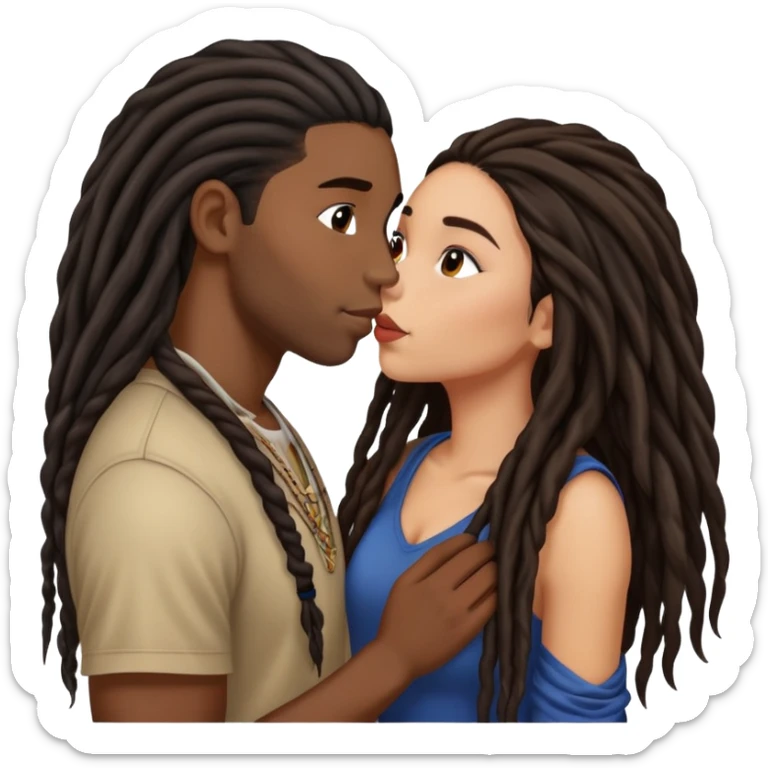 Latina Woman with long hair kissing a young black guy with dreads no beard sticker