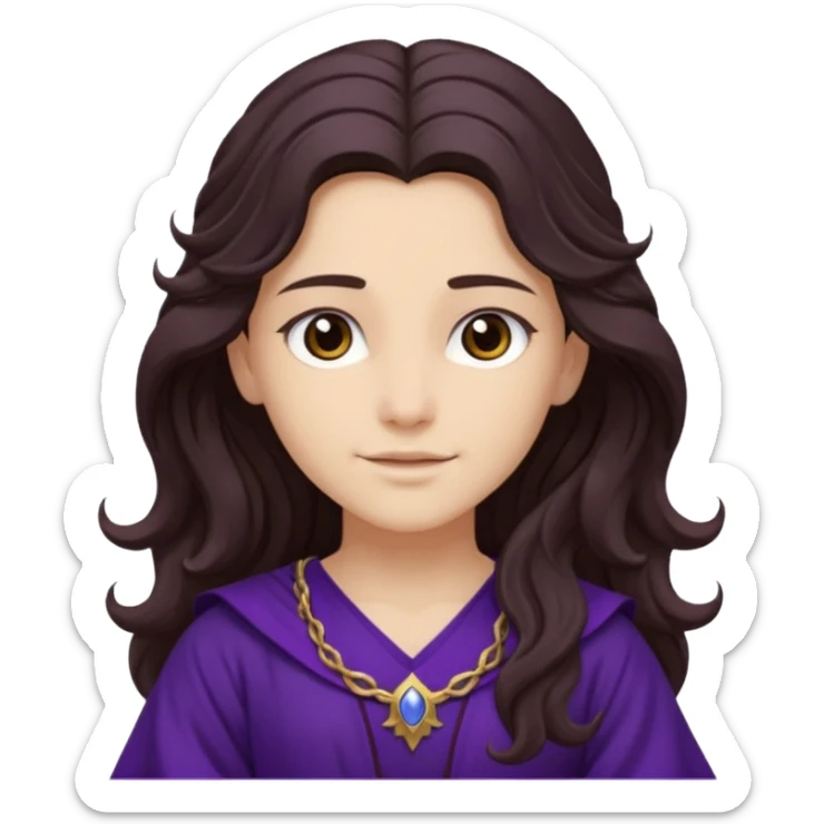 Libera from Olympus Gods with long dark brown wavy hair, deep purple tunic sticker