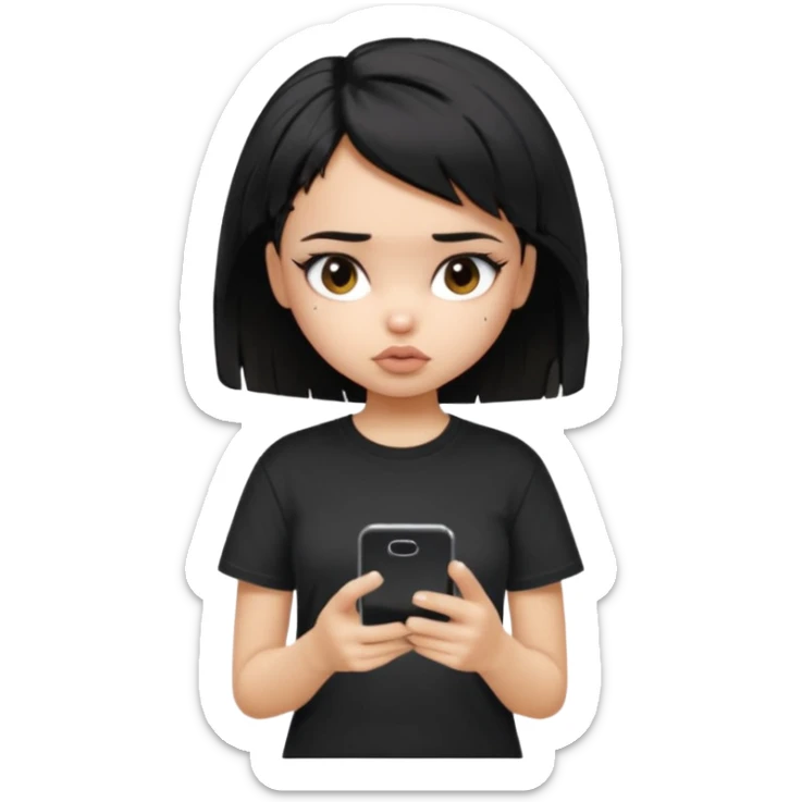generate a pretty bratz girl with short black very messy hair, looking tired and using her phone, wearing an oversized black tshirt sticker