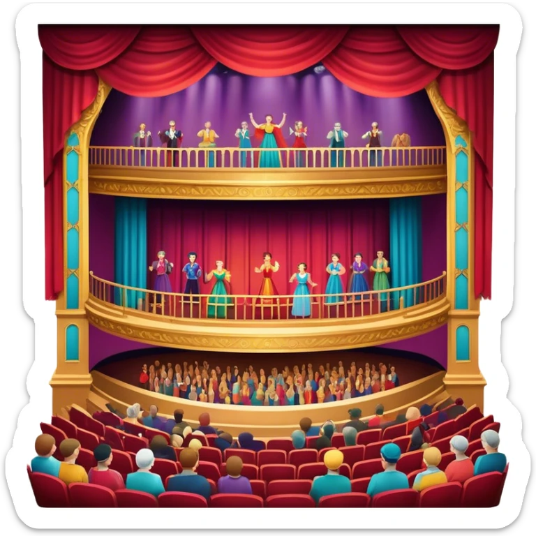 An icon showing a grand theater stage with actors performing in a vibrant play, surrounded by dramatic lighting. The audience watches from colorful balconies, adding to the lively atmosphere. The design captures the magic of live theater, set against a transparent background. sticker