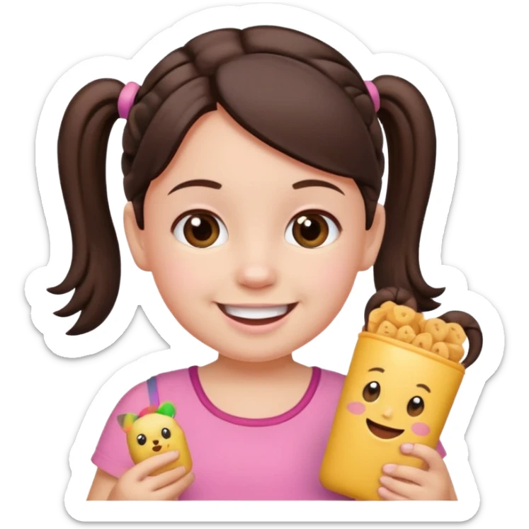 Toddler emoji with two pigtails dark brown hair, fair skin, in pink top, holding toddler snacks sticker