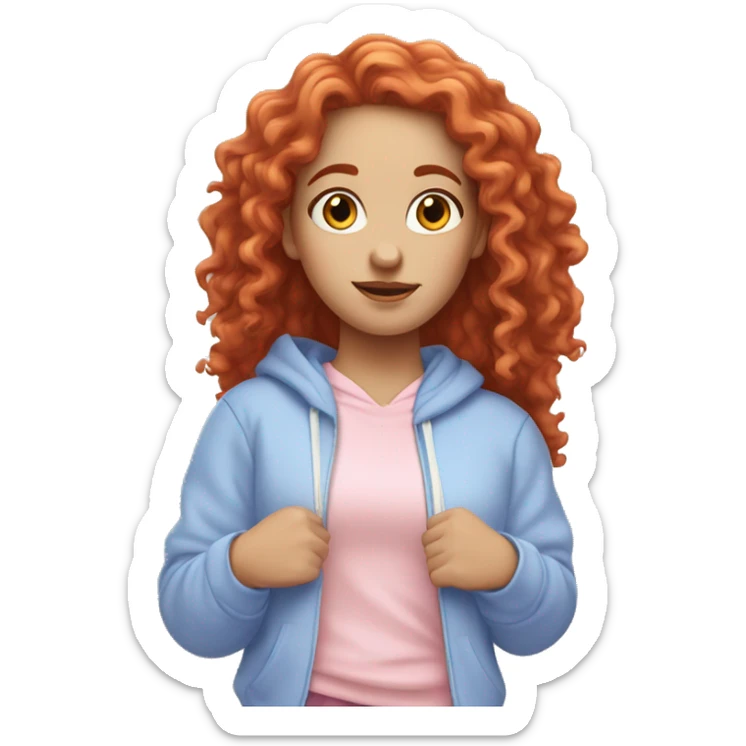 white girl with long red curly hair, wearing a pastel periwinkle hoodie doing a pose sticker