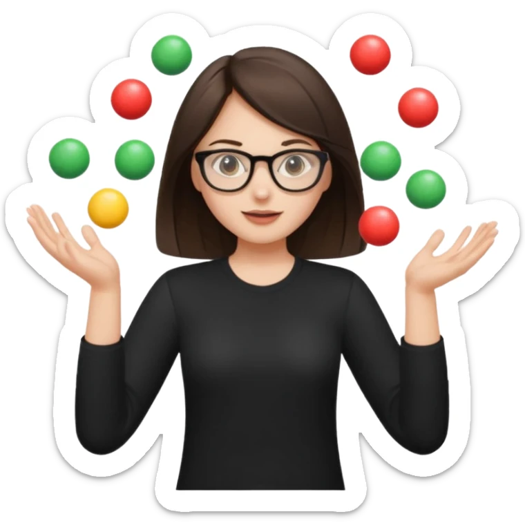 a brunette girl in a black shirt wearing glasses is  juggling  with two hands  sticker