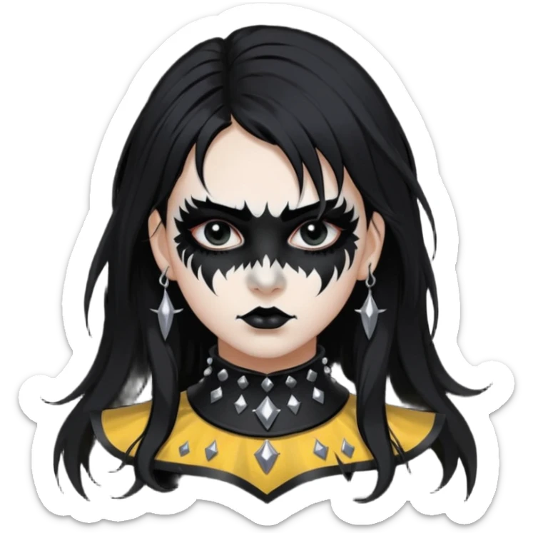 Crea una ragazza con stile black metal,  paint face black metal, capelli neri, mossi dalle spalle e occhi bianchi e un collare con borchie a punta sticker
