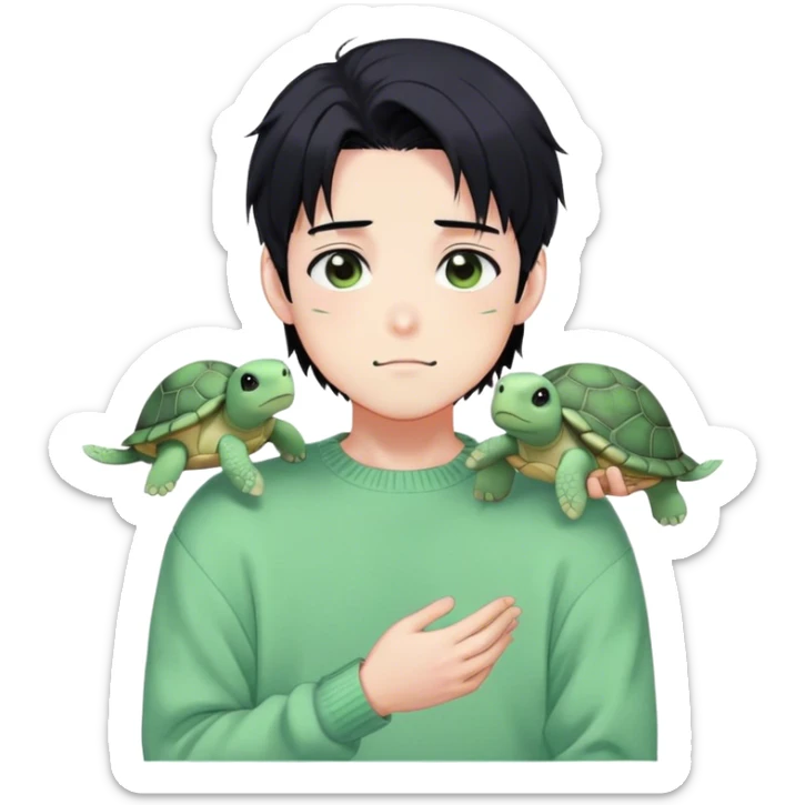 Gorgeous pastel green sweater black hair anime style shojo guy with blushing face and, turtle, aesthetic, trending style outside  sticker