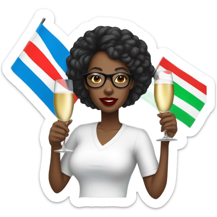 A bald black woman with glasses woman in a white tee shirt with red, black, and green flag in one hand and a glass of champagne in the other, with blue lipstick. sticker