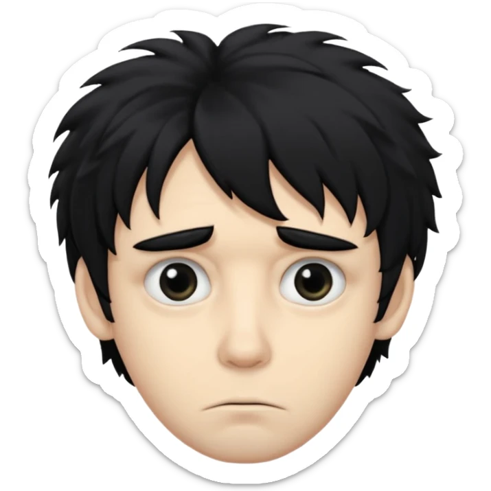 Hair: Messy, shaggy black hair that sticks out in uneven tufts, like he never bothers to style it.

Eyes: Big, heavy-lidded eyes with dark circles/eye bags, giving him a tired, haunted stare.

Skin: Very pale complexion sticker