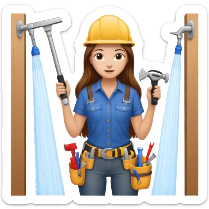 beautiful girl with long brown hair constructing new shower in bedroom sticker