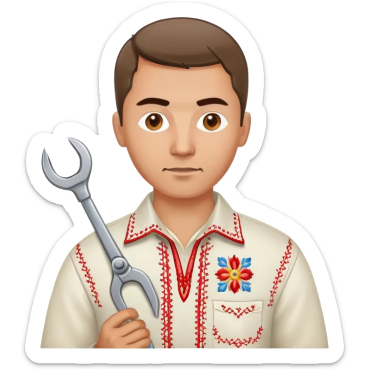 Ukrainian man with traditional embroidered shirt (vyshyvanka) holding a metal spanner wrench and red scissors sticker