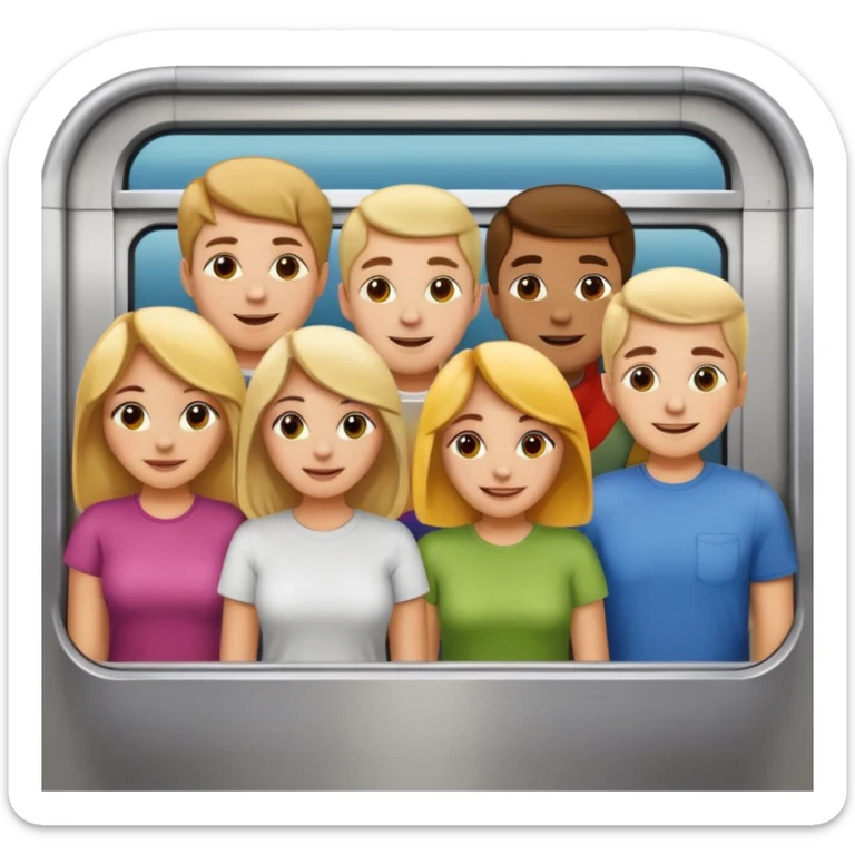 five happy people, mix of women and men, close with each other, inside a subway car resembling Apple emoji subway, wearing t-shirt style clothes in different light colors, Apple emoji style sticker