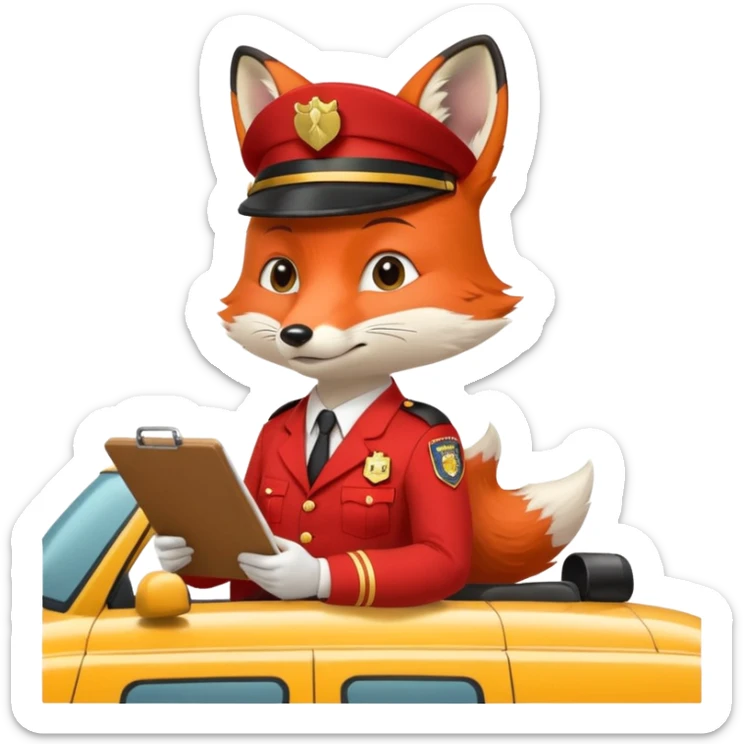 The Fox Is Actually Red Wearing A Officer Outfit Riding On The  Taxi Writing On The Clipboard sticker