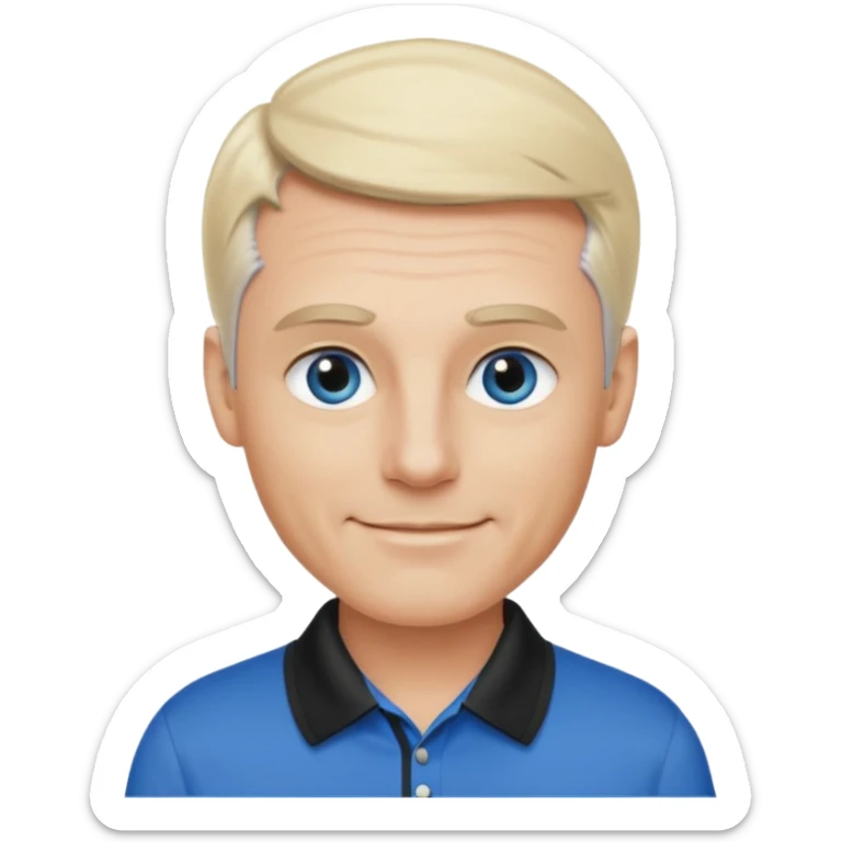 Avatar pic male gray hair blue eyes clean shaven blonde eyebrows high cheekbones sly smile long eyelashes wearing a black golf shirt sticker