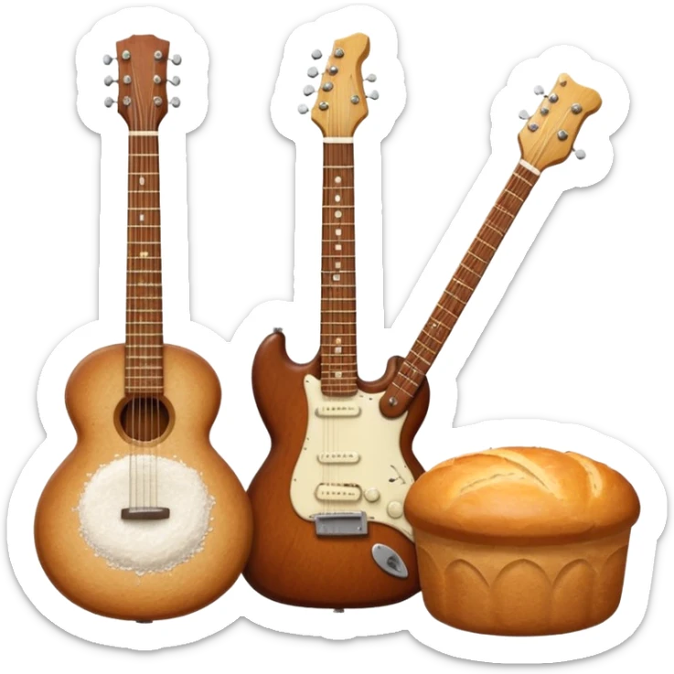 a bottle of salt (salt shaker) and a loaf of peasant bread with a small SG Gibson electric guitar sticker