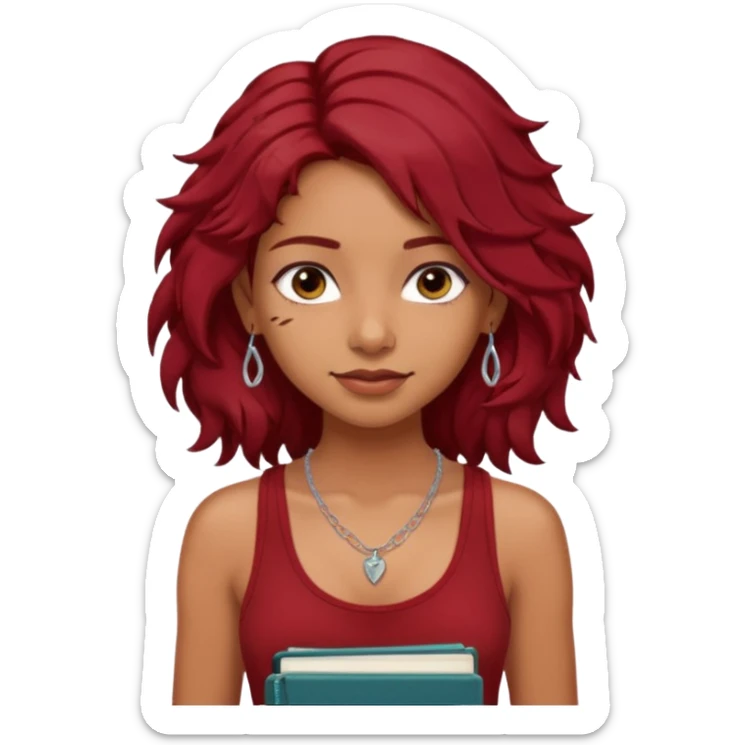 a pretty tan indian bratz girl with messy dark wavyred hair, wearing a dark red tank top, layered silver necklaces. Carrying multiple sketchbooks sticker