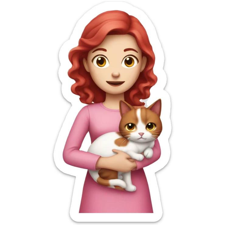 Dark Red hair, white skin wearing pink dress girl who is holding a cat sticker