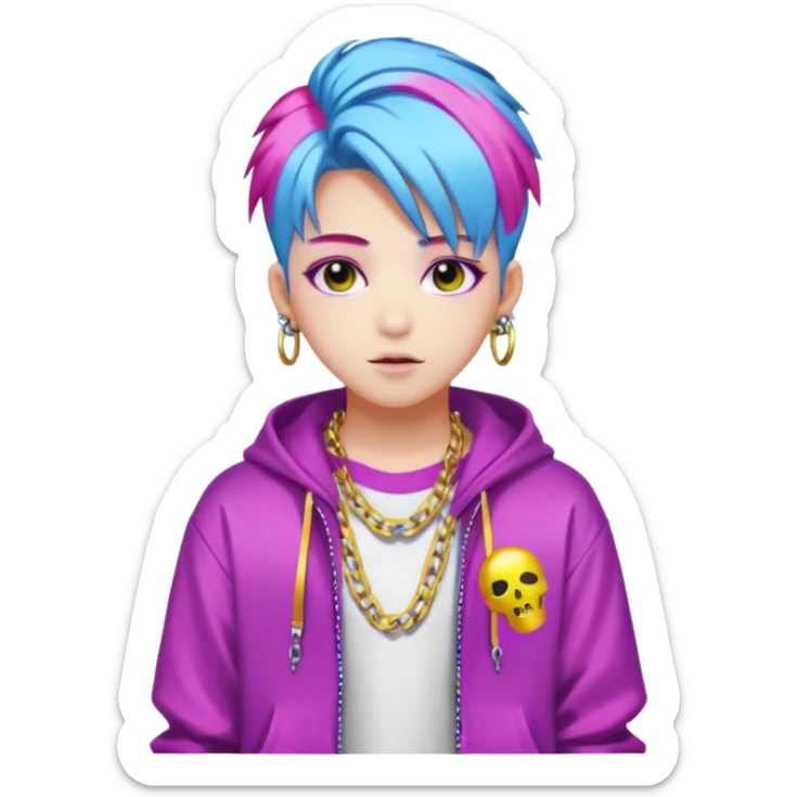  portrait-of-young-ghost-idol-in-kpop-style,-wearing-flashy-streetwear-outfit,-colorful-dyed-hair,-confident-pose,-accessorized-with-chains- sticker