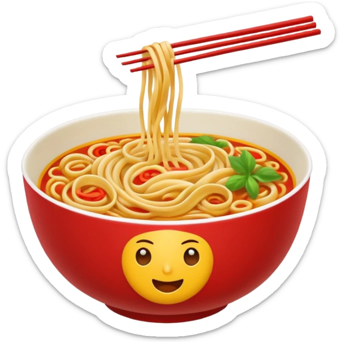 Chinese cuisine humanless avatar in bright emoji-style illustration. Noodles bowl, red and gold colors, simple shapes, flat design, bold and energetic. sticker