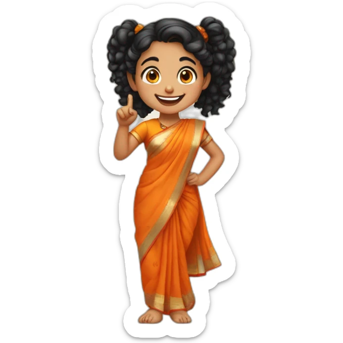 smiling and pointing 3 years old indian girl with black curly hair in pigtails wearing a orange saree sticker