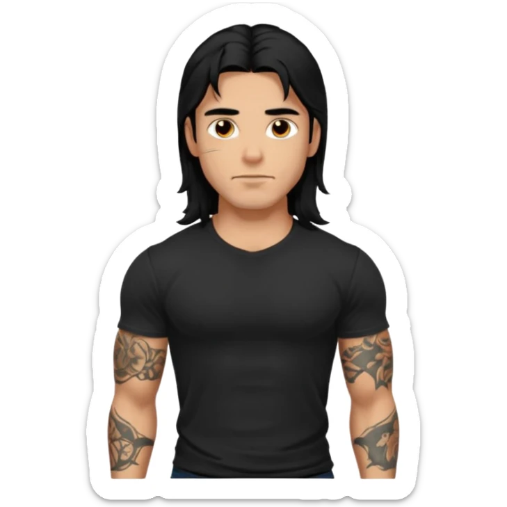 Spanish male.
Untucked loose fitting black t-shirt. 
long black hair.
muscular.
Even More tattoos. 
Peaceful sticker