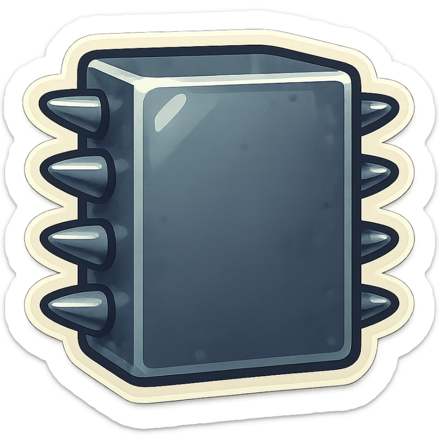 head-on view of a metal slab with many short, fat spikes evenly spaced along each visible side edge, no spikes on the corners, large blank front face, retro sticker style sticker