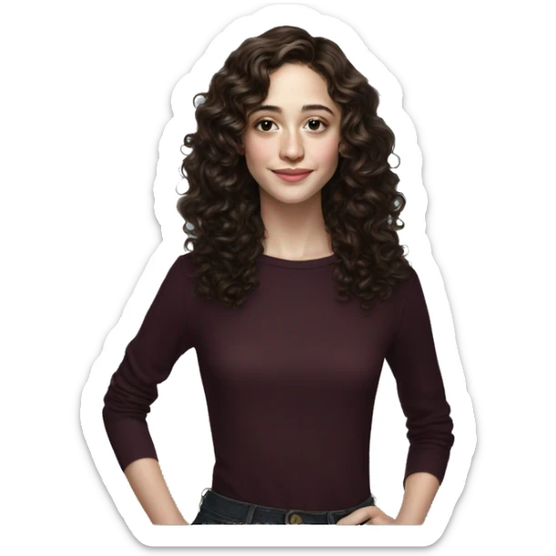 Emmy Rossum Teenager long dark brown curly hair, hyperreal photoreal sticker