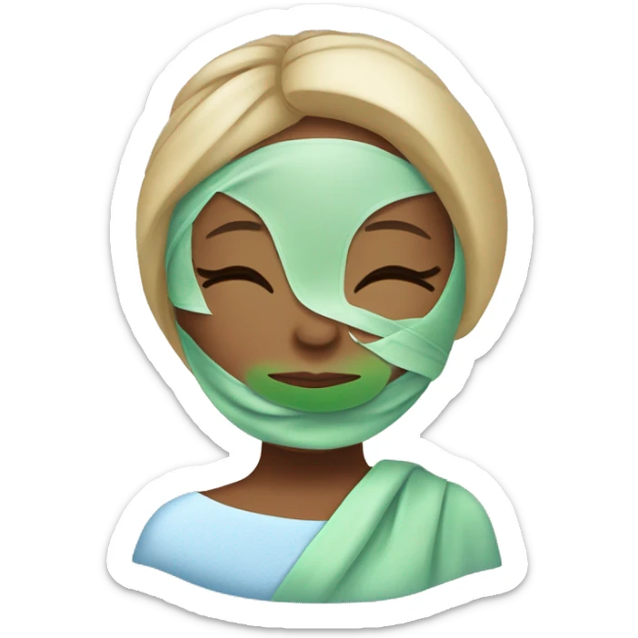 A girl’s face with a blue relaxing spa mask on, her eyes closed, with a peaceful and serene expression. Her hair is tied back with a towel wrap, and there are small details of cucumber slices placed over her eyes. sticker