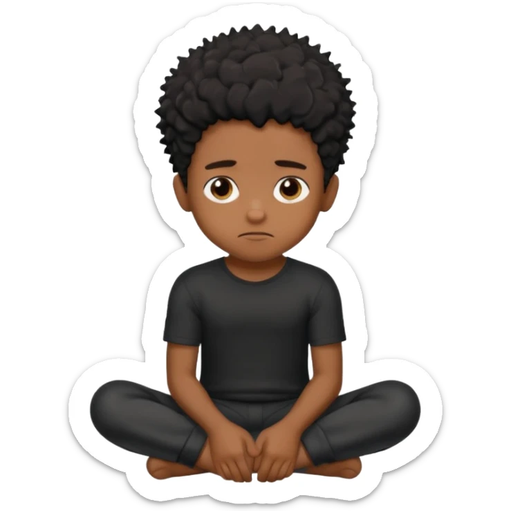 cute brown skin boy, no smile just sitting there looking tuff, black hair, sponge messy freeform’s.  sticker