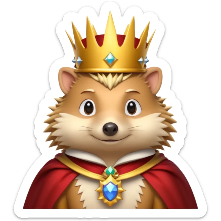 king hedgehog portrait, head and shoulders only, wearing a small golden crown, royal cape collar, proud confident expression, cute spiky fur details, fantasy royal vibe, 3D cartoon, mobile game icon style, clean background, no text, no watermark
 sticker