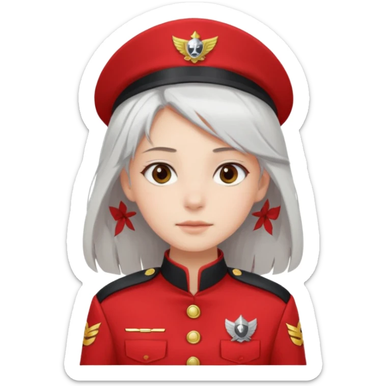 a girl with white loose hair, gray eyes maintains a calm expression on her face in a red captain's uniform to the waist sticker