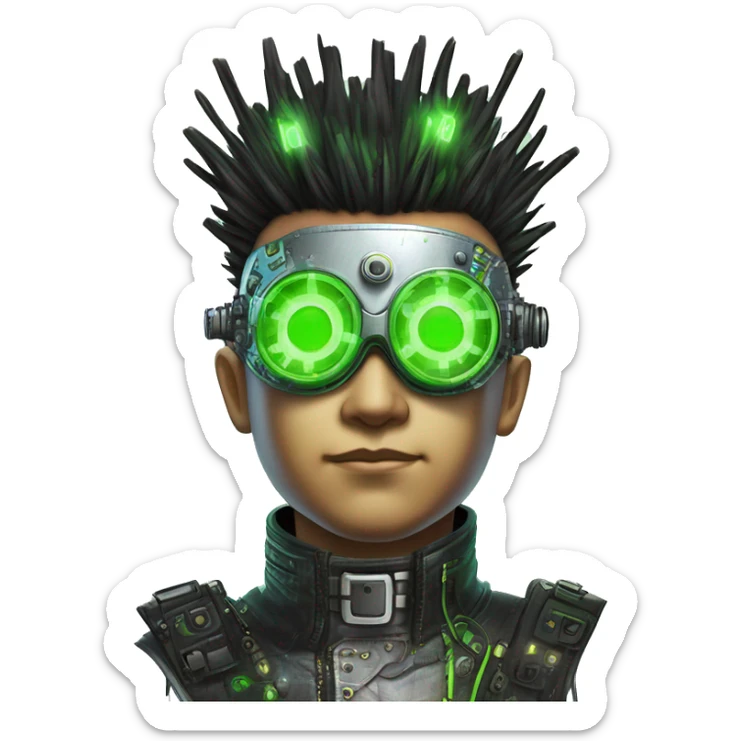 Mohawk hair with neon green highlights Asian male cyborg head with neon silver steampunk goggles and circuits sticker