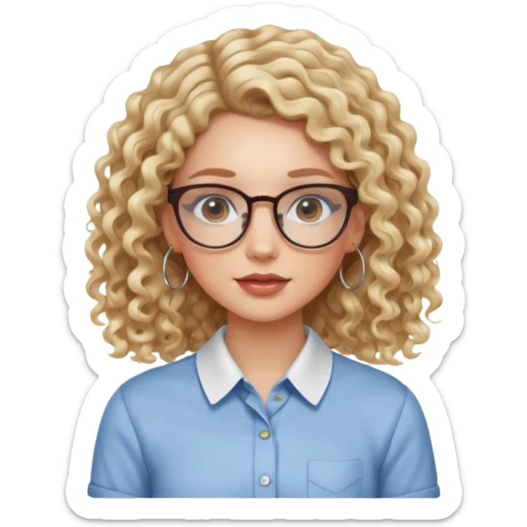 cute white girl with not volominous VERY LONG blonde curly hair with balayage, brown eyes, full lips, natural clean girl makeup and hoop earrings and square glasses, collared shirt sticker