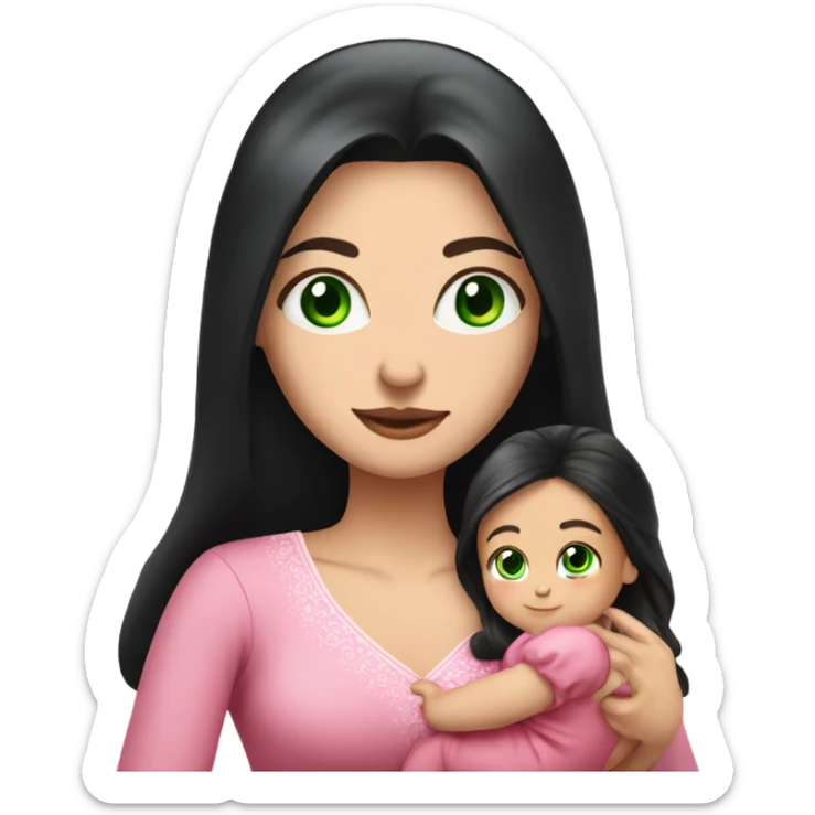 Beautiful Russian lady with green eyes and very long black hair pink clothes holding baby  sticker