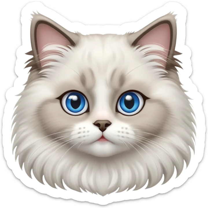 cinematic-adorable-big-eyed-fluffy-ragdoll-cat-portrait-emoji,-head-tilted-playfully-with-a-sweet-expression,-fluffy-white and grey-fur,-simplified-yet-irresistibly-cute-features-with-large,-expression, Large blue eyes sticker