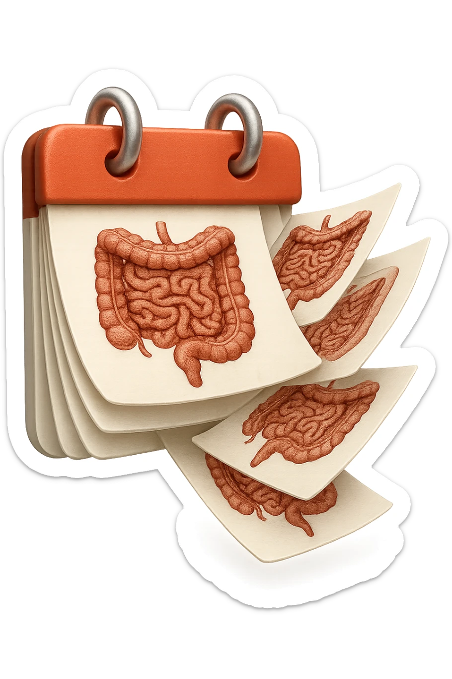 emoji stile iphone di un calendario con fogli che volano insieme, sui fogli ci sono disegnati degli intestini anatomici, iperrealistico 4k, isolato su sfondo bianco sticker