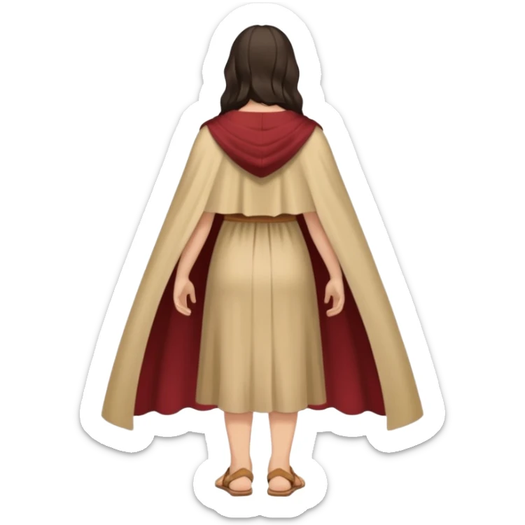 fullbody backview of Mary Magdalene, dark hair, plain light tan dress, cape, brown sandals sticker