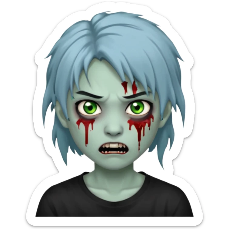 3D emoji-style avatar with very pale blue-grey zombie skin, dark brown hair, a young Asian face, and large green eyes with blood tears. Give it white litle bit messy mullet hair style , silver hoop earrings, and a plain black T-shirt. The face expression should be slightly angry, with vampire fang sticker