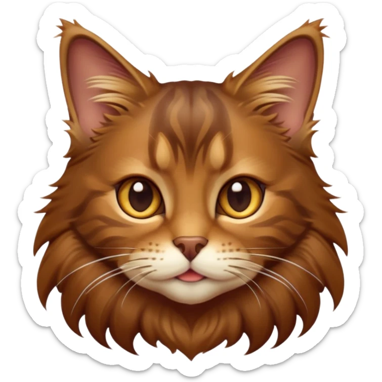 cinematic-cute brown-maine-coon-cat-portrait-emoji,-head-tilted-playfully-and-inquisitively,-sleek--brown-and-gold-tones-with-hints-of-deep-auburn-fur,-simplified-yet-adorable-features,-highly-detailed,-glowing-with-a-warm,-friendly-glow  sticker