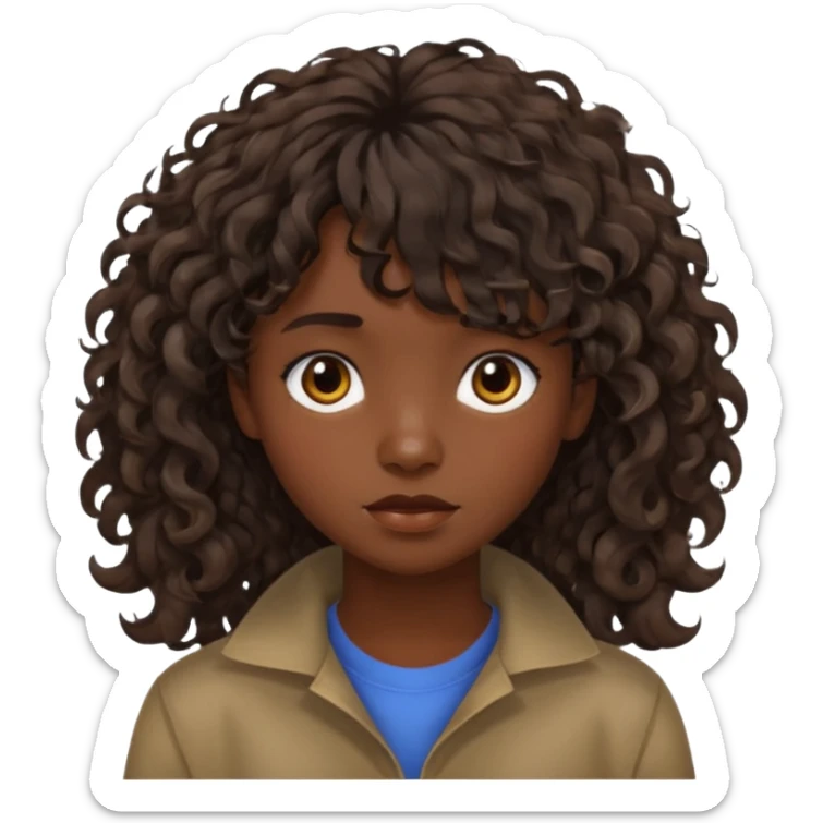 Fais la frange plus tordu la peau plus foncé et les cheveux bruns et bien plus long mais avec les cheveux bouclés  fais la peau bien plus foncée et la frange vrm pas droite pas égal  sticker