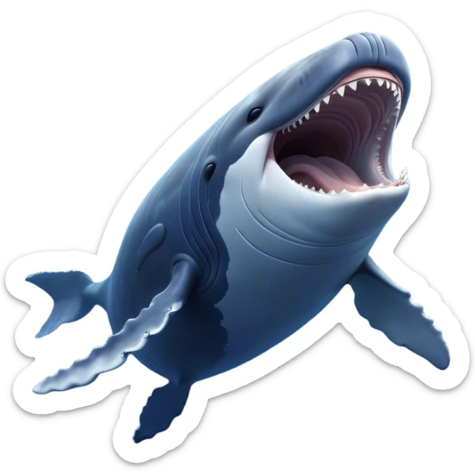 Cinematic Cute Yawning Humpback Whale Portrait Emoji, Head tilted slightly with a dramatic, wide-open yawn, showcasing a massive yet gentle blue-gray body with gently rippling baleen plates and sleepy, half-closed eyes, Simplified yet irresistibly adorable features, highly detailed, glowing with a soft, cozy marine glow, high shine, relaxed yet expressive, stylized with a dash of whimsical deep-sea charm, soft glowing outline, capturing the essence of a drowsy yet affectionate humpback whale that appears ready to drift into a deep-sea slumber! sticker