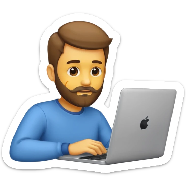 Emoji de un hombre joven con barba corta usando una laptop, estilo emoji moderno y minimalista, colores planos, líneas limpias, expresión amigable, fondo transparente. sticker
