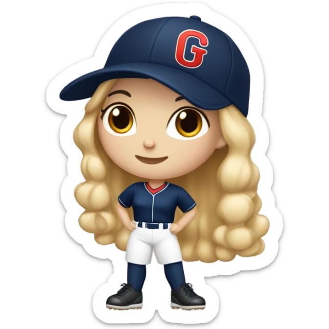 White girl with Black long hair, who wearing navy ballcap emblazoned with a red G initial and wearing baseball uniform sticker