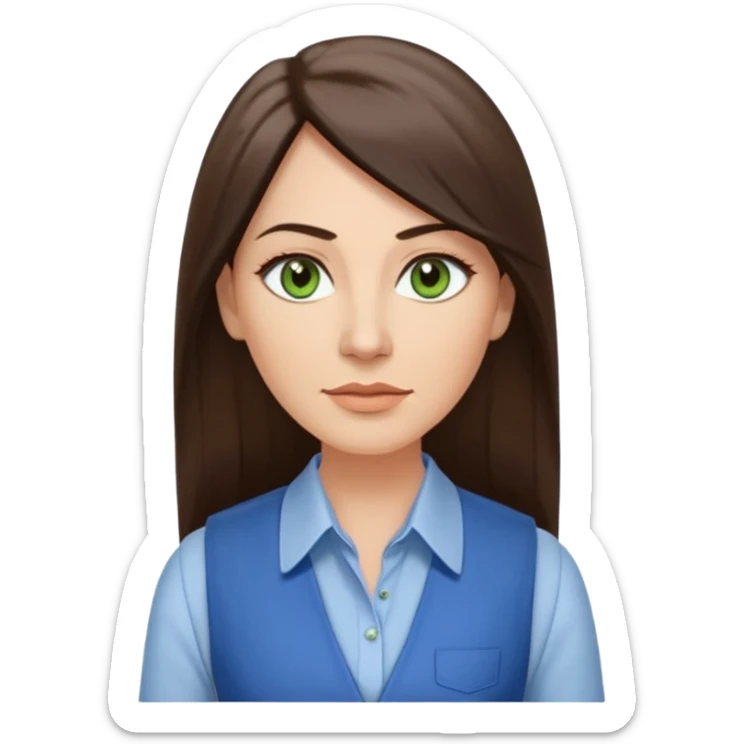 43 year old Adult woman avatar, light skin tone, long, oval face, long straight ashy brown hair, green almond-shaped eyes with dramatic eyelashes and minimal eyeliner, neutral mouth, medium straight eyebrows, average nose, smooth skin,  white collared button down shirt, blue vest sticker