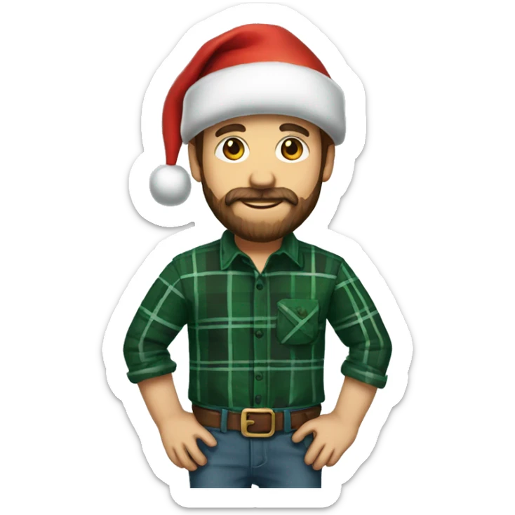 Man with a beard and brown hair wearing a green and black plaid flannel shirt and a Santa hat sticker