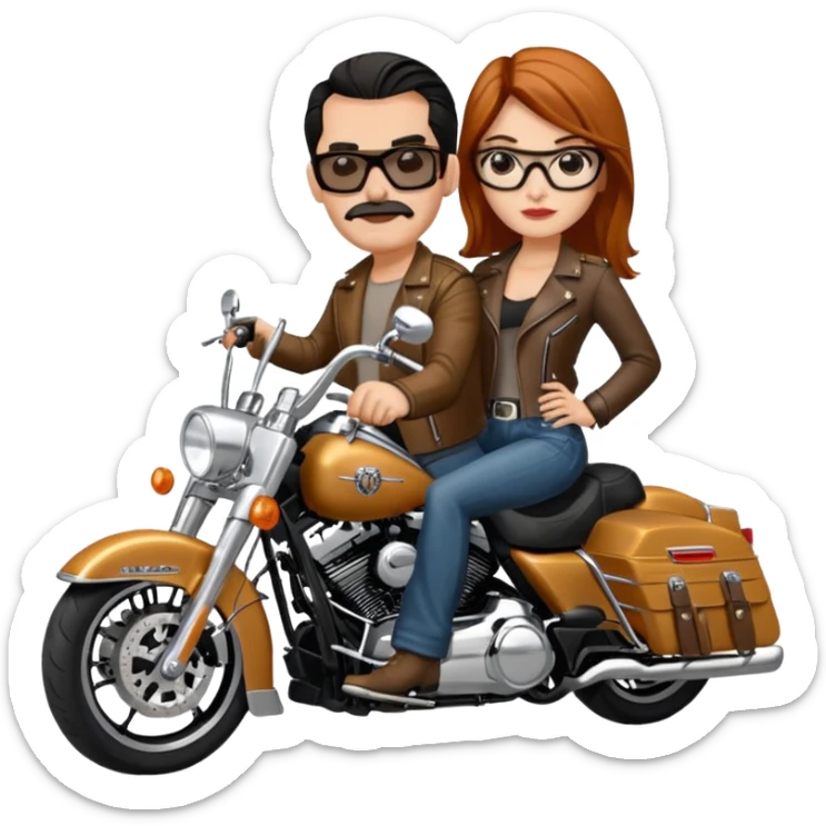 Un couple de biker sur une harley road king noire, l'homme sans moustache et une paire de lunettes demetz ros21, la fille a des cheveux plus dans les tons chatain sticker
