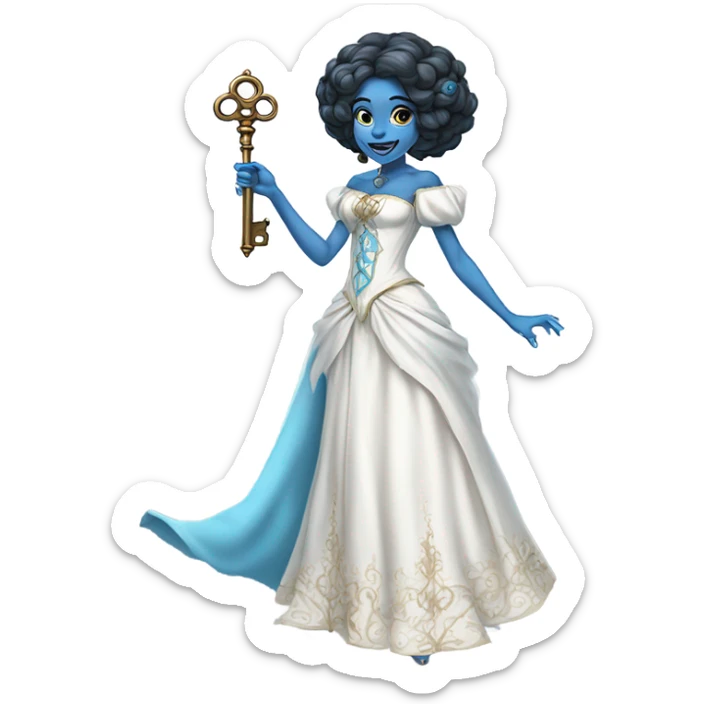 elf blue witch woman login holding a big key in white victorian dress, full body sticker
