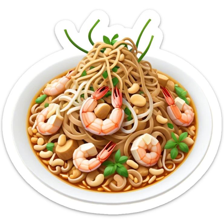 Cinematic Realistic Pad Thai Dish Emoji, depicted as stir-fried rice noodles with shrimp, tofu, peanuts, and bean sprouts rendered with vibrant textures and dynamic, appetizing lighting. sticker