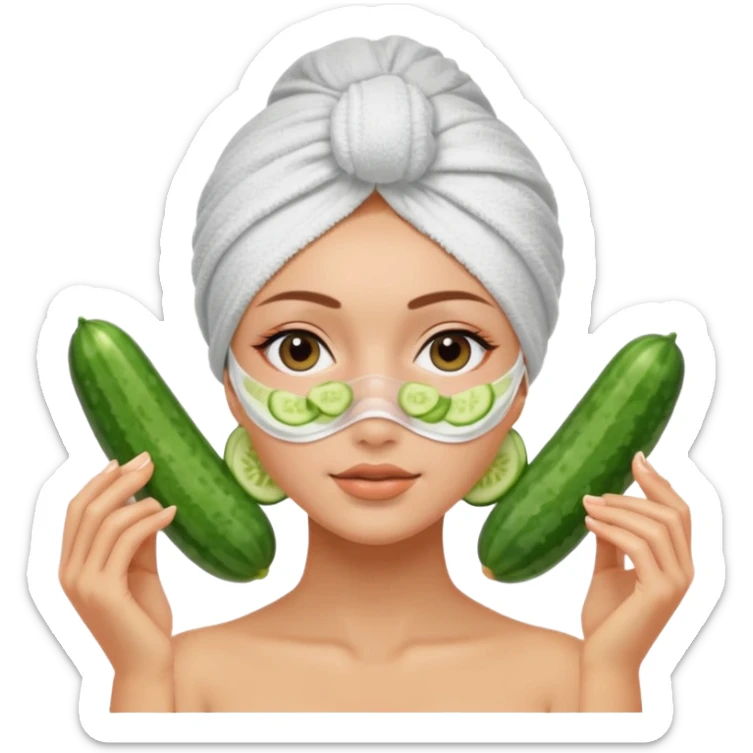 girl with her hair in a towel turban and a faks mask on and cucumber slices over her eyes at a spa sticker