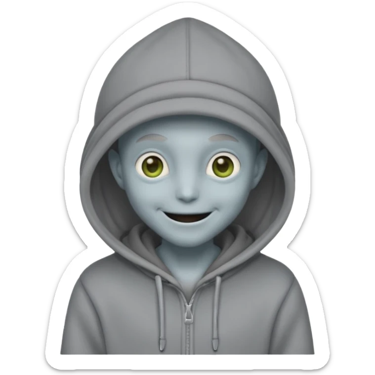 alien in gray hoodie full height, wear hoodie hat, happy sticker
